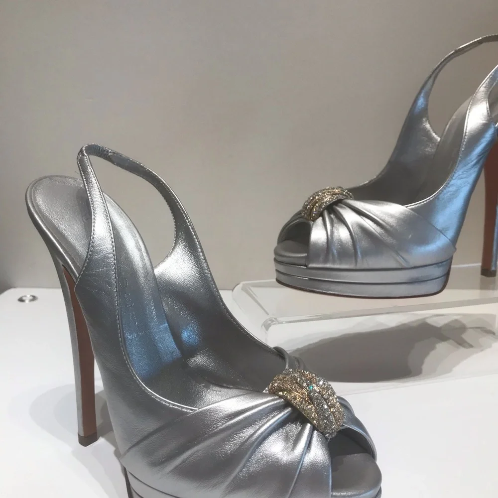 Casadei Silver Slingback Platform Heels with Gold Crystal Accent